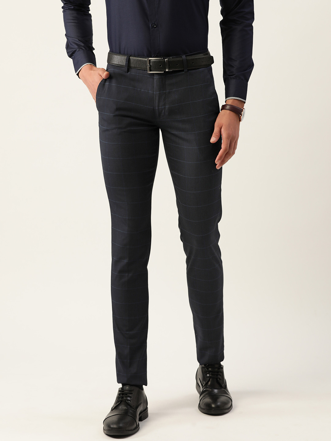 

Peter England Men Navy Blue Checked Ultra Slim Fit Formal Trousers
