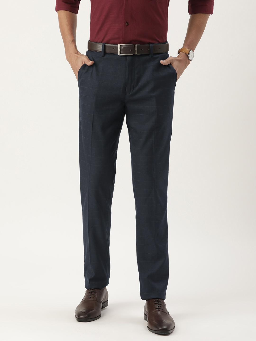 

Peter England Men Navy Blue Checked Neo Slim Fit Trousers