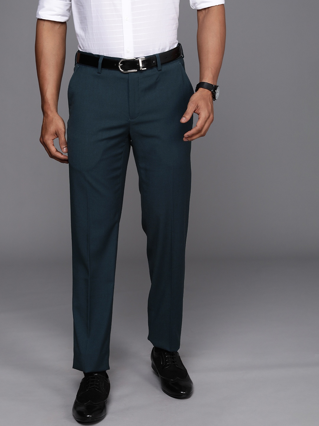 

Peter England Elite Men Navy Blue Slim Fit Mid-Rise Formal Trousers