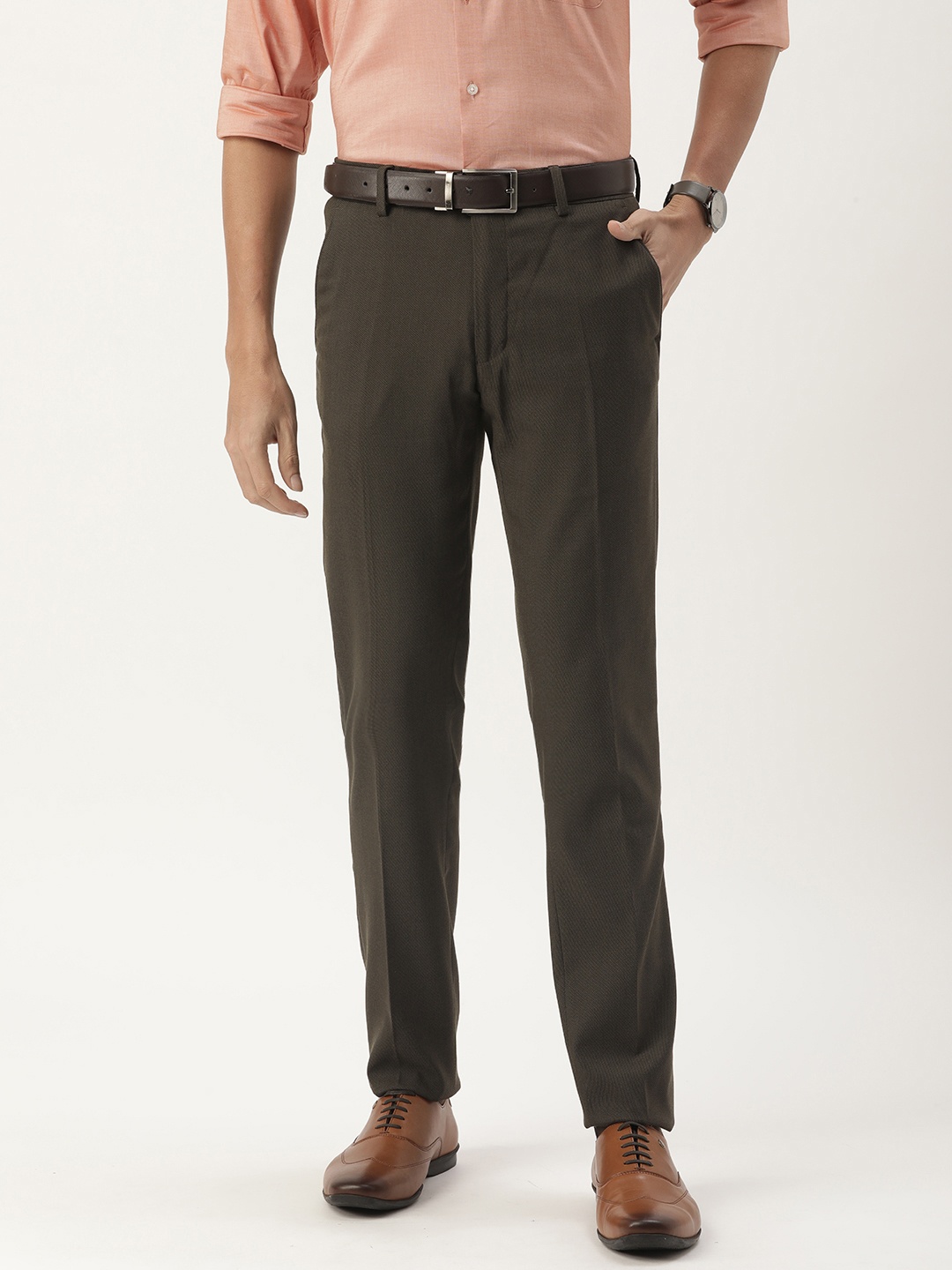 

Peter England Men Brown Textured Neo Slim Fit Trousers