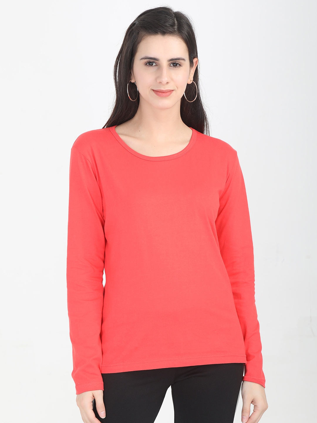 Fleximaa Women Coral Orange Cotton T-shirt