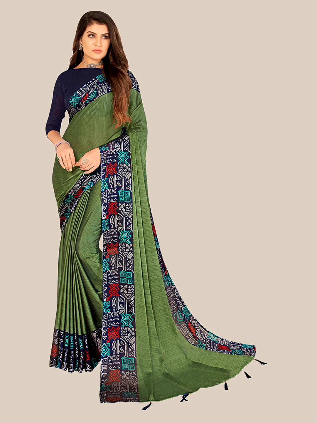 

UNITED LIBERTY Green & Blue Striped Vichitra Silk Saree