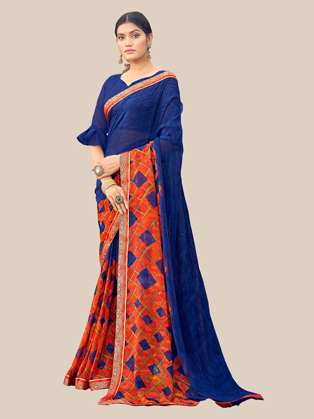 

UNITED LIBERTY Blue & Peach-Coloured Zari Pure Georgette Block Print Saree