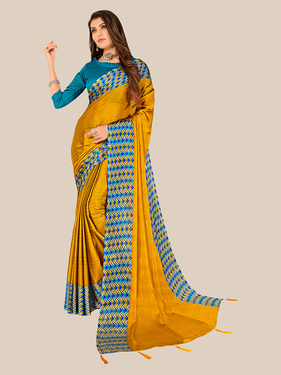 

UNITED LIBERTY Mustard & Blue Zari Art Silk Block Print Saree