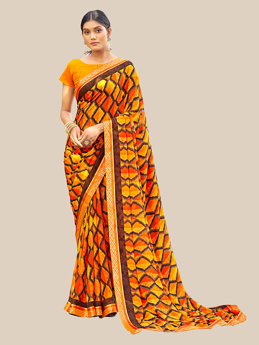 

UNITED LIBERTY Orange & Brown Pure Georgette Saree