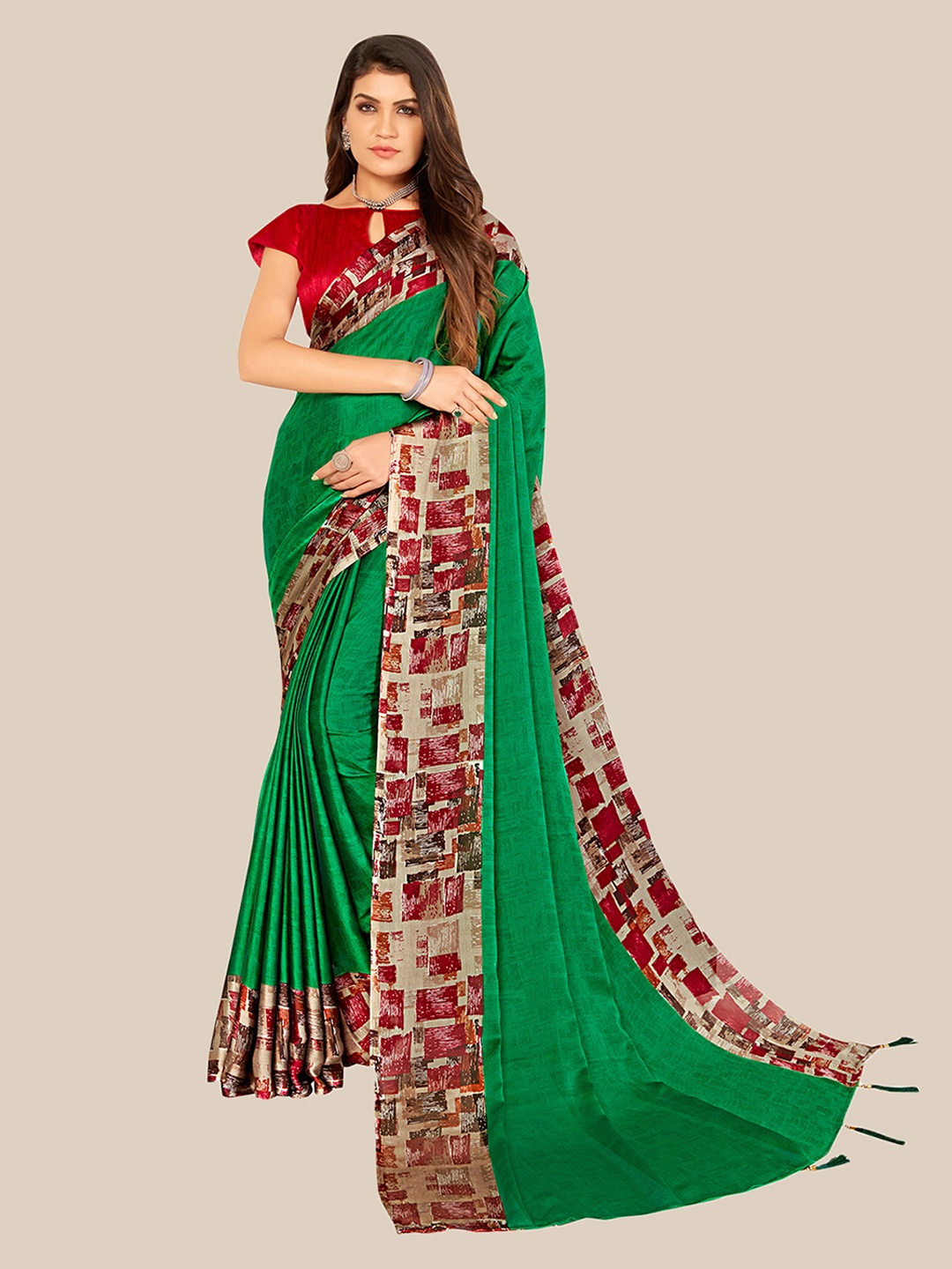 

UNITED LIBERTY Green & Maroon Vichitra Silk Saree