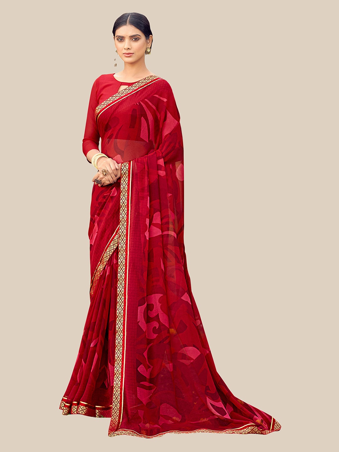

UNITED LIBERTY Red & Black Pure Georgette Saree