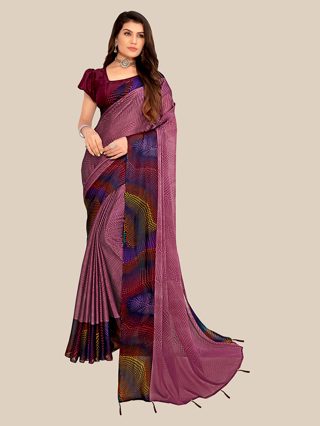 

UNITED LIBERTY Women Purple Geometric Vichitra Silk Block Print Saree