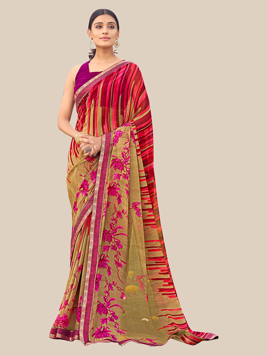

UNITED LIBERTY Olive Green & Purple Floral Pure Georgette Saree