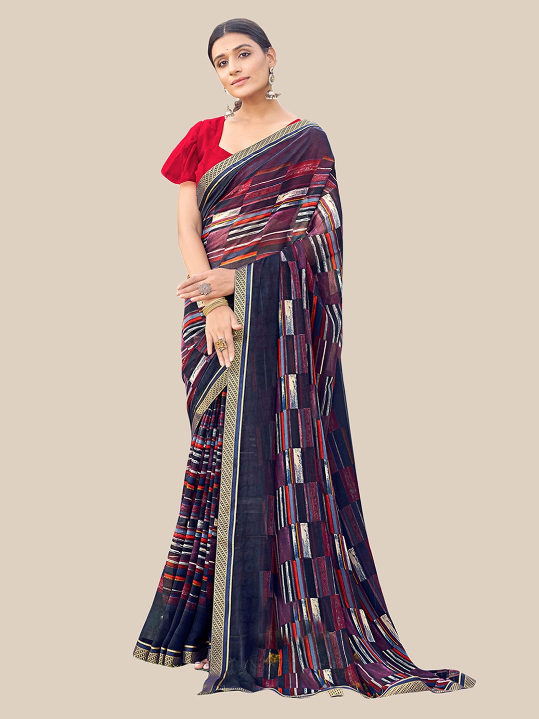 

UNITED LIBERTY Blue & Black Zari Pure Georgette Block Print Saree