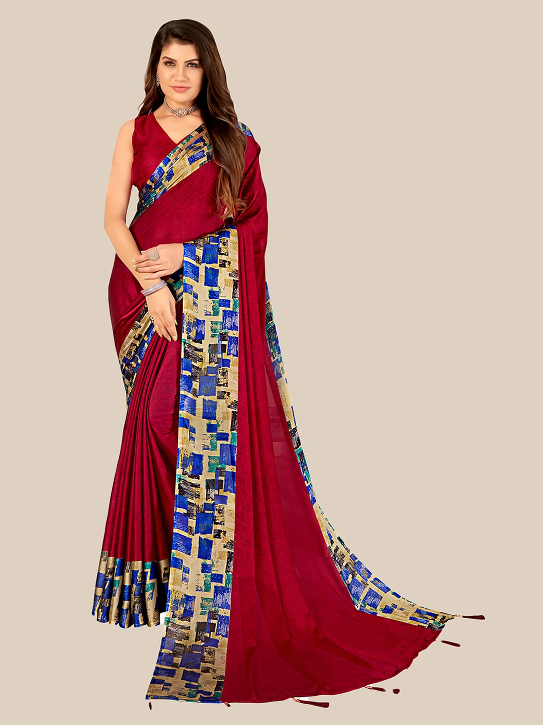 

UNITED LIBERTY Women Maroon Geometric Vichitra Silk Block Print Saree