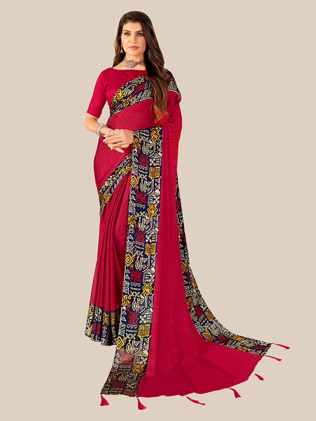 

UNITED LIBERTY Pink & Magenta Zari Art Silk Block Print Saree