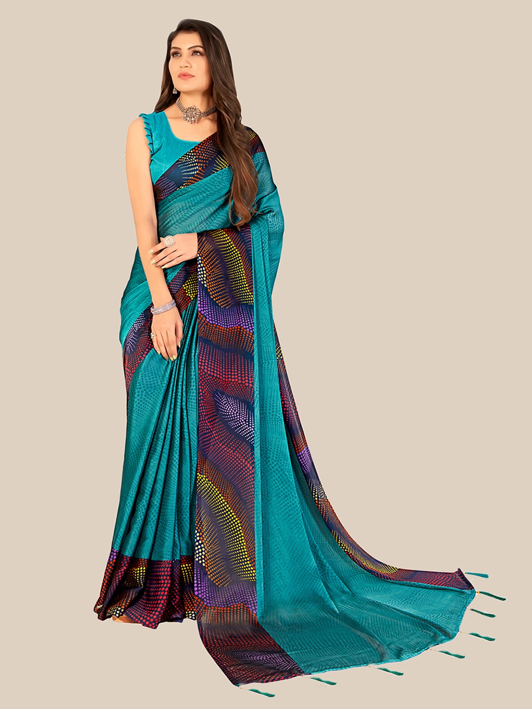 

UNITED LIBERTY Turquoise Blue & Red Art Silk Block Print Saree