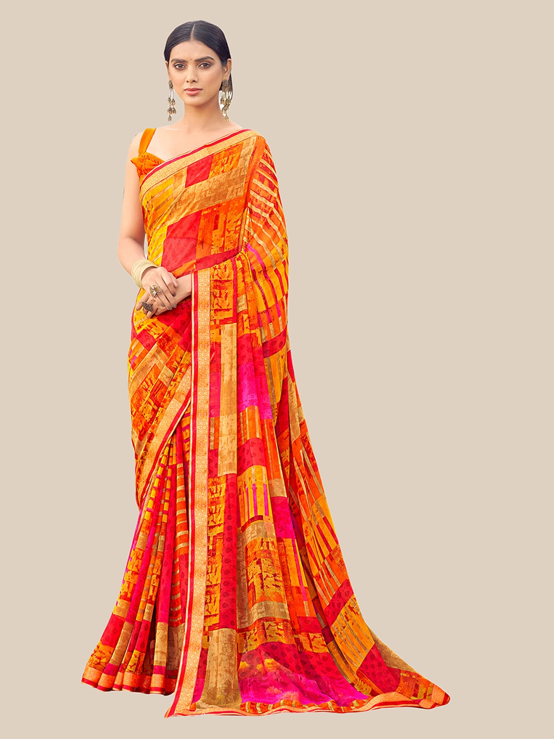 

UNITED LIBERTY Mustard & Peach-Coloured Printed Pure Georgette Saree