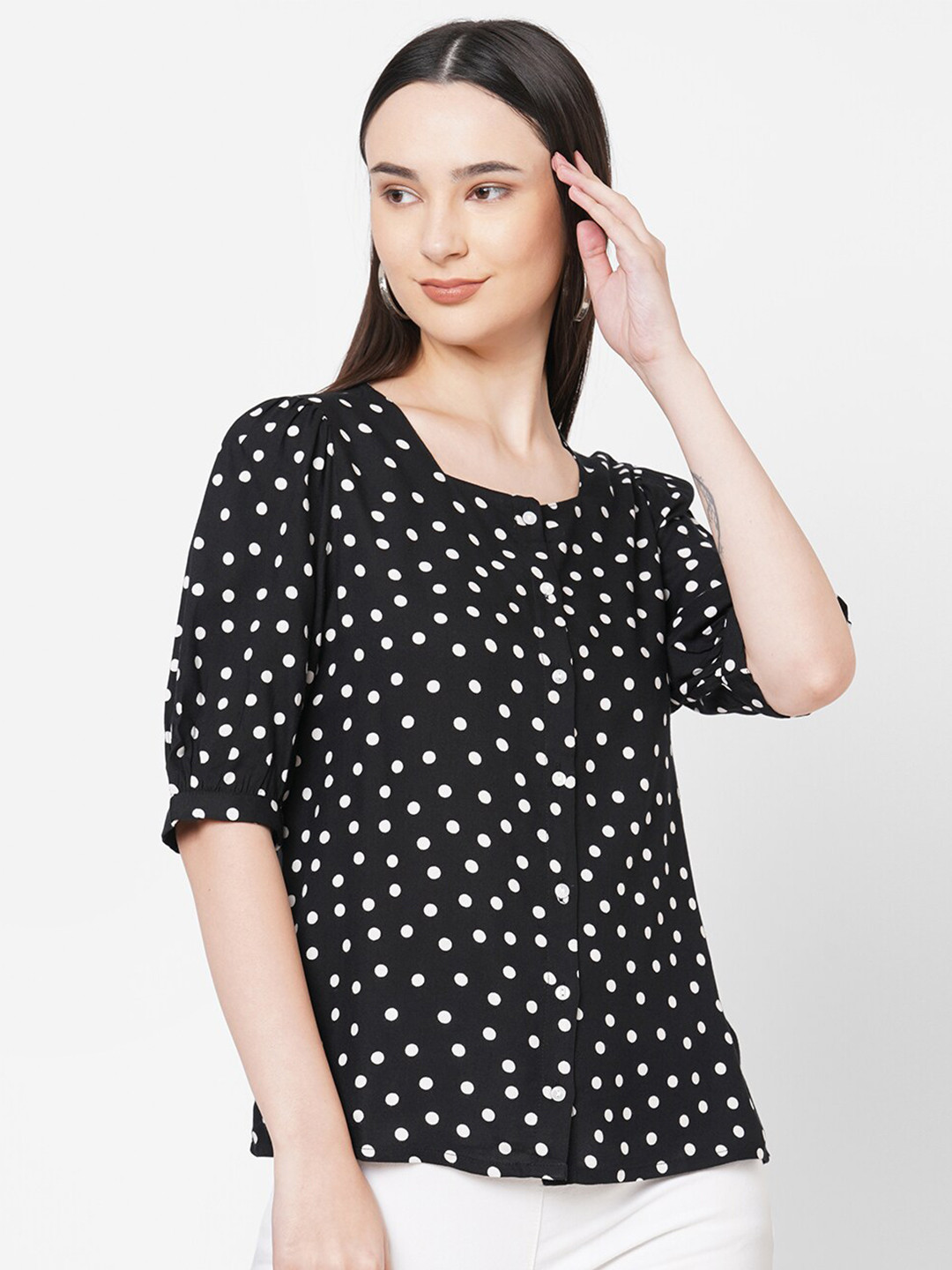 

109F Black Geometric Print Top