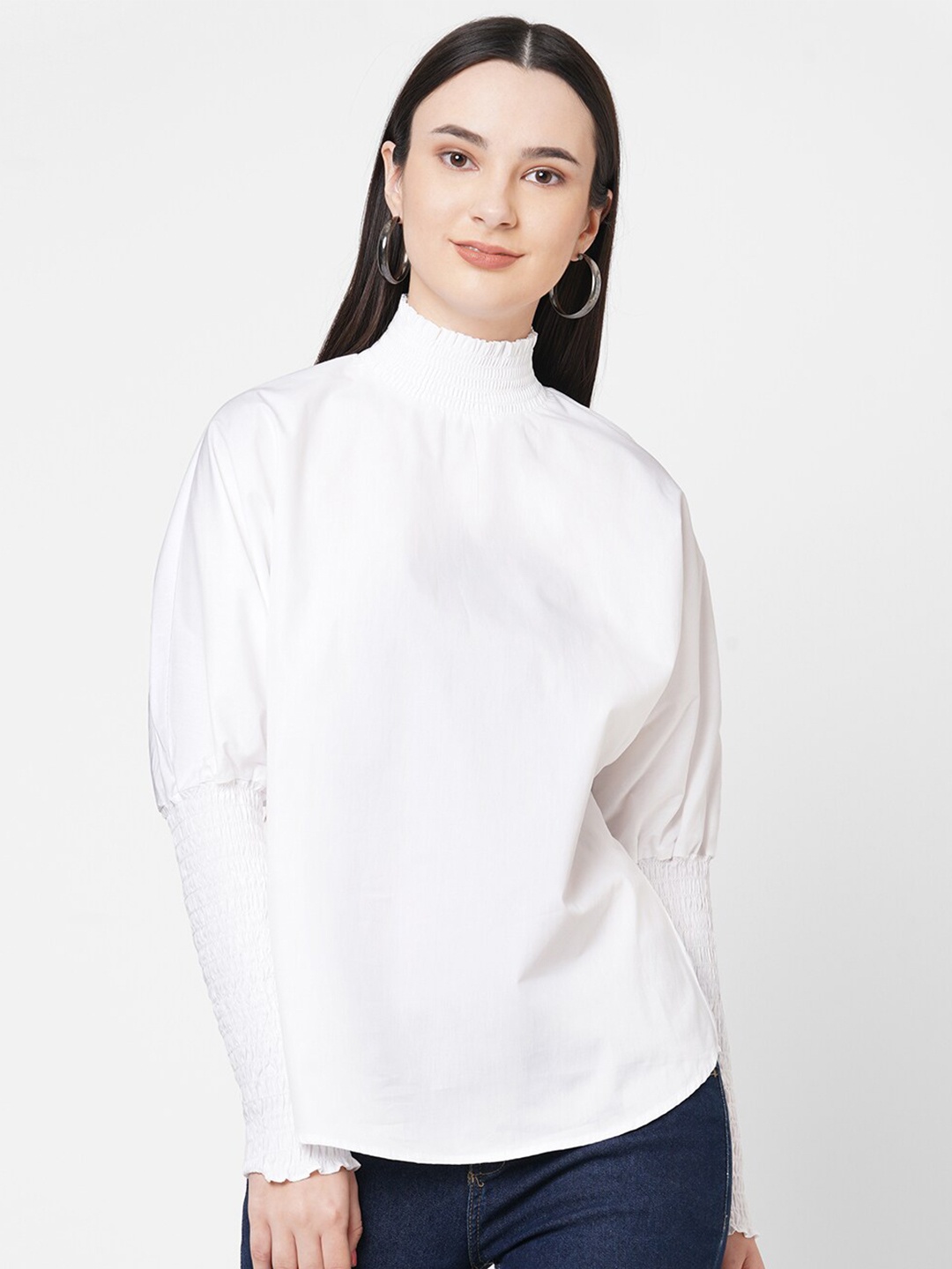 

109F White Smocked High Neck Cuffed Sleeves Top