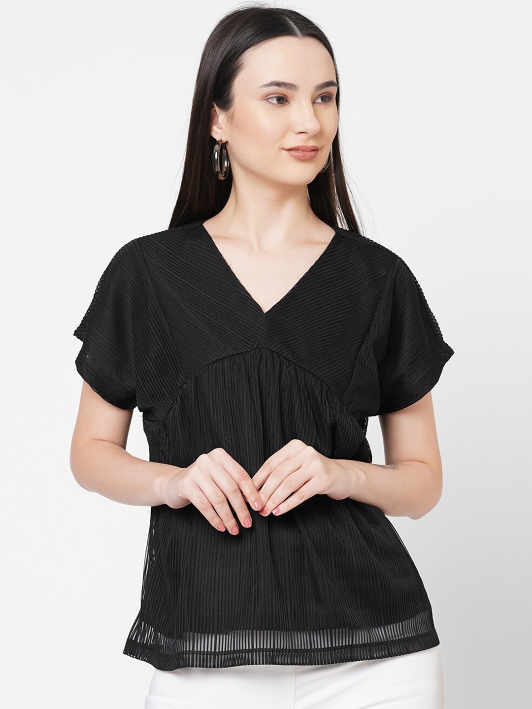 

109F Black Self Design Extended Sleeves Top