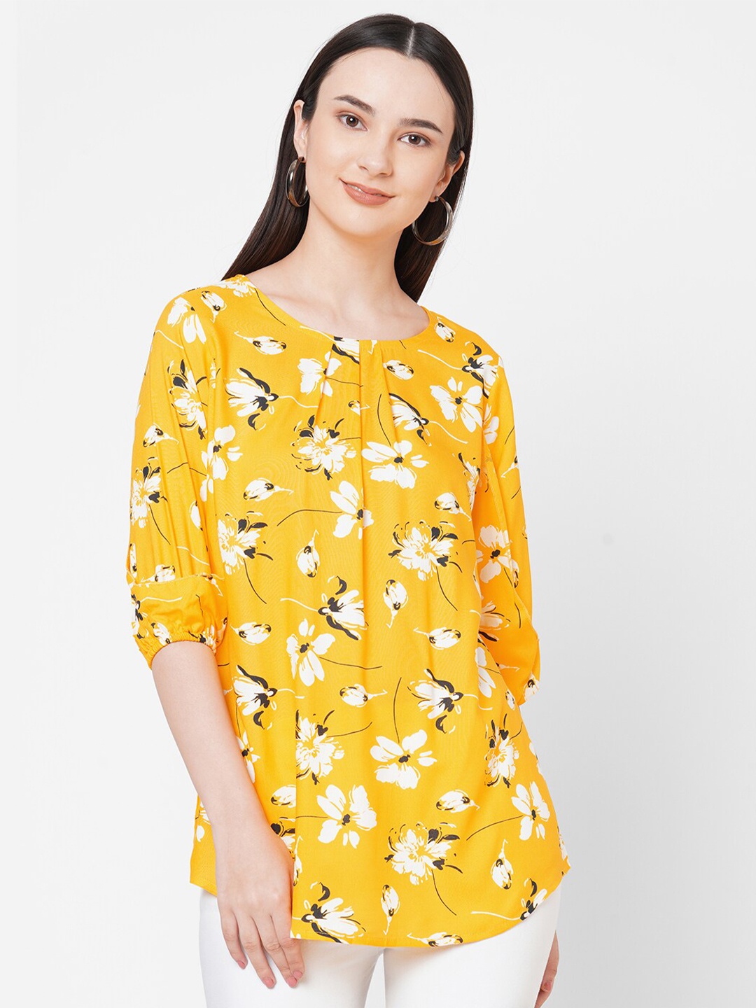 

109F Yellow Women Floral Printed Top