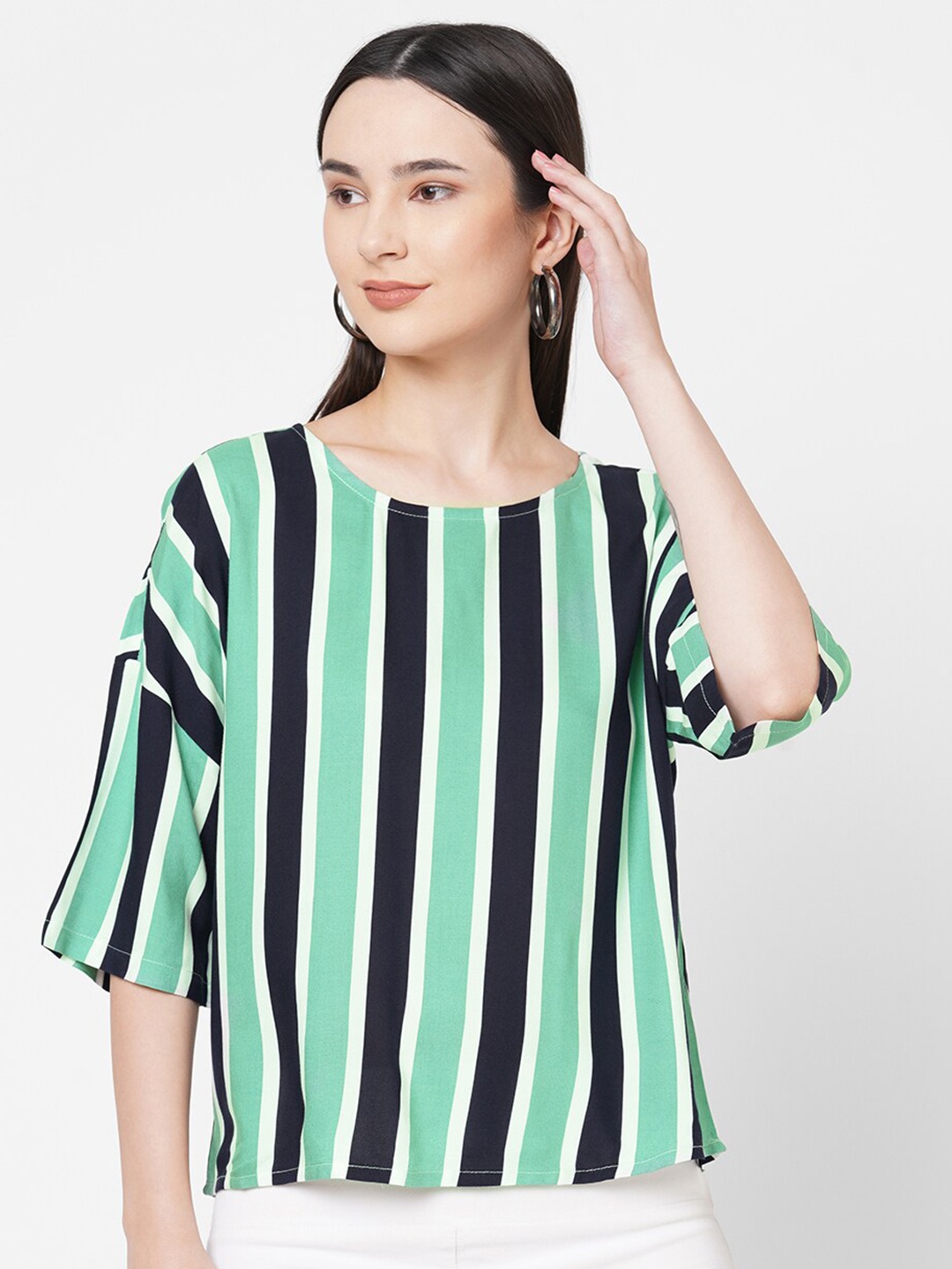 

109F Women Green & Black Striped Extended Sleeves Top