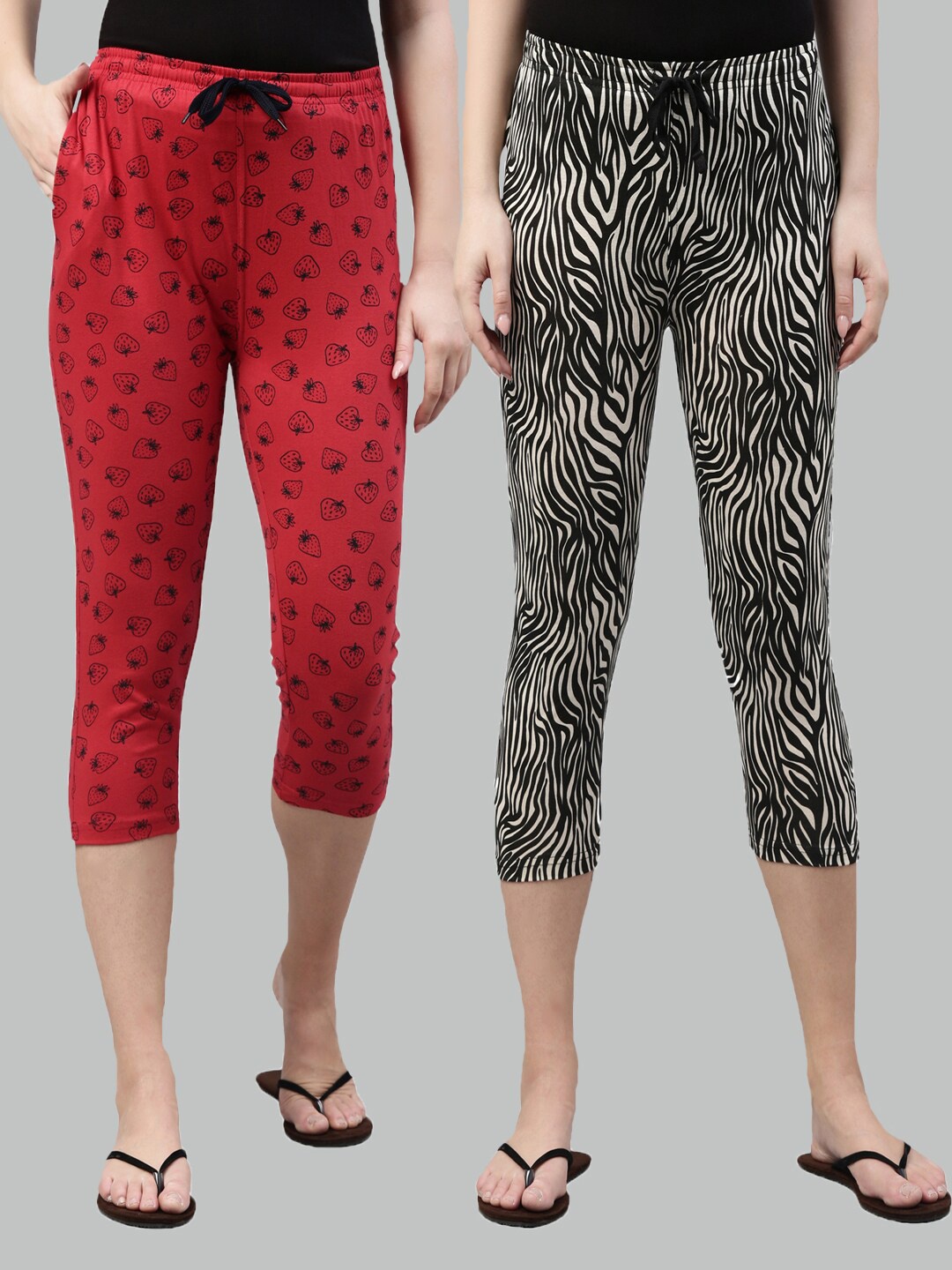 

Kryptic Women Pack Of 2 Red & Black Printed Pure Cotton Capris