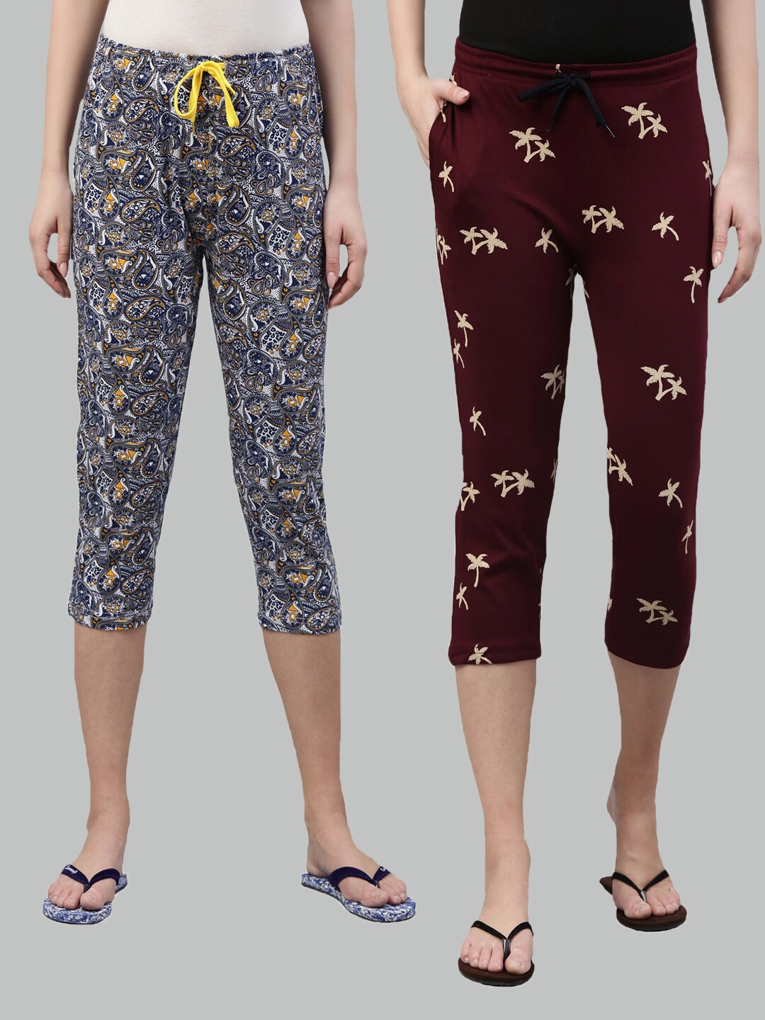 

Kryptic Pack of 2 Women Blue & Maroon Printed Cotton Capris