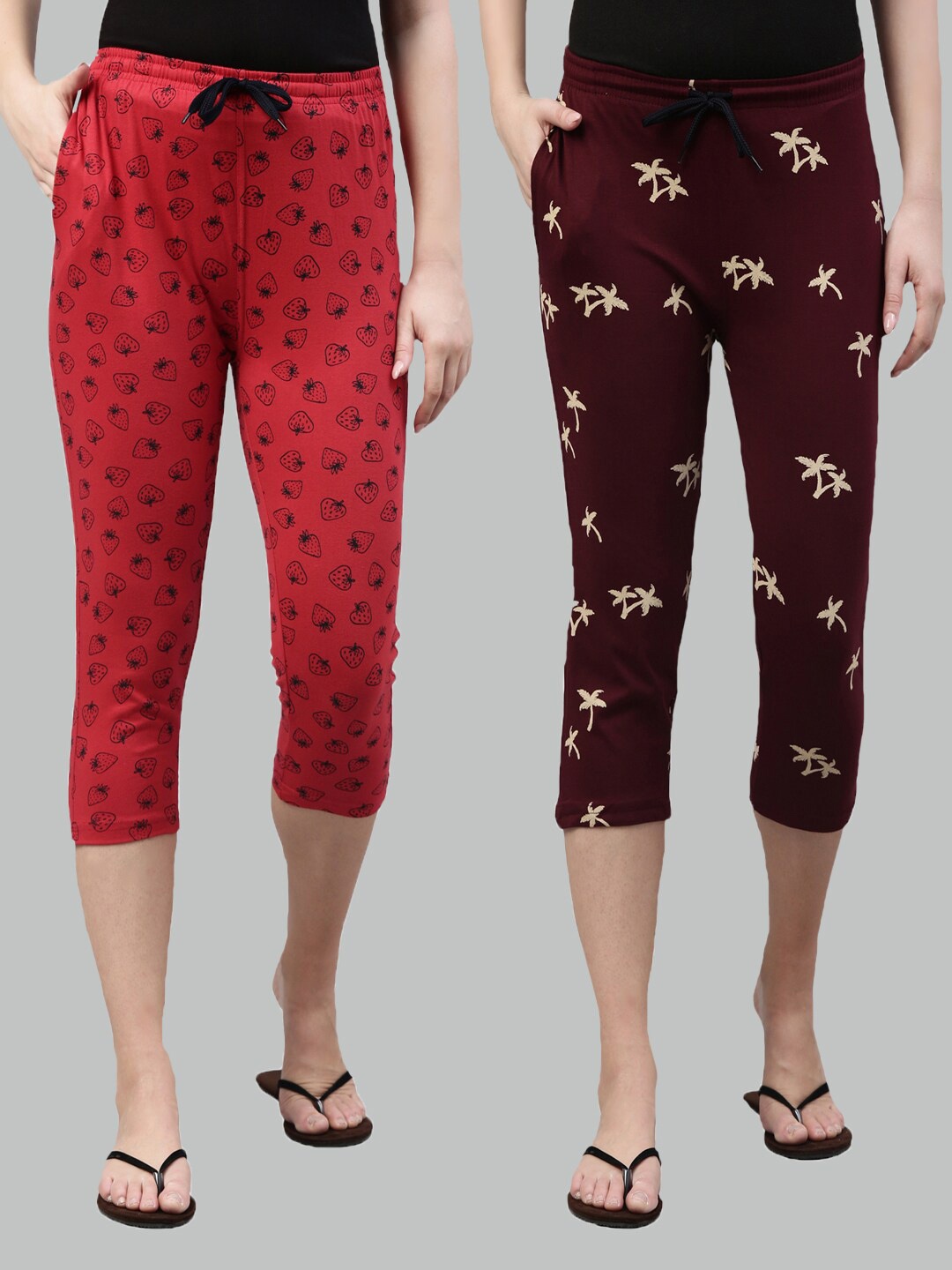 

Kryptic Women Pack Of 2 Red & Maroon Printed Capris