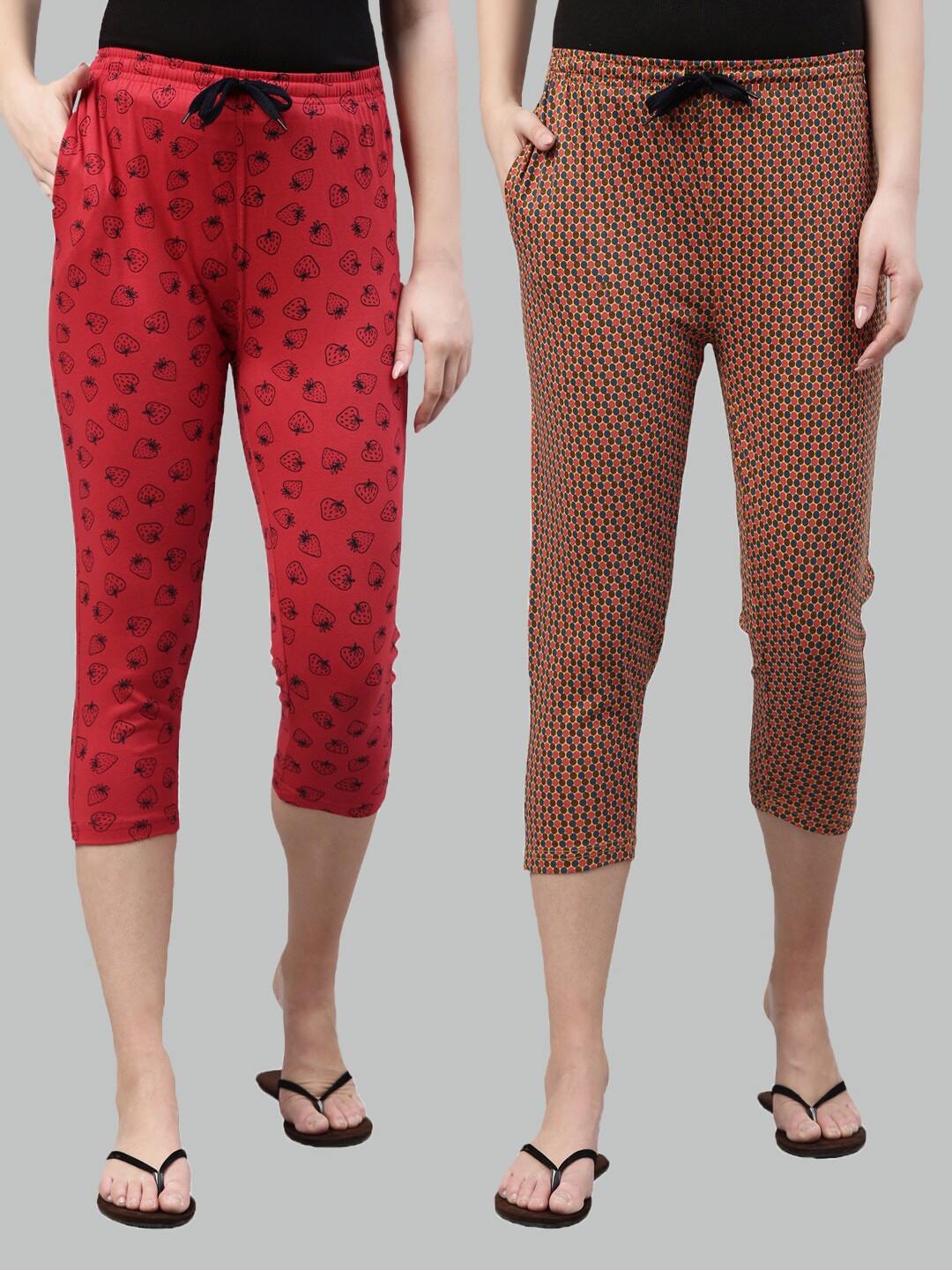 

Kryptic Pack of 2 Women Red & Mustard Printed Cotton Capris