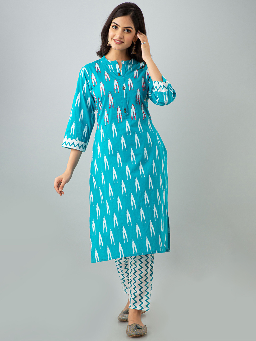 

OMASK Women Turquoise Blue Printed Pure Cotton Kurta with Trousers