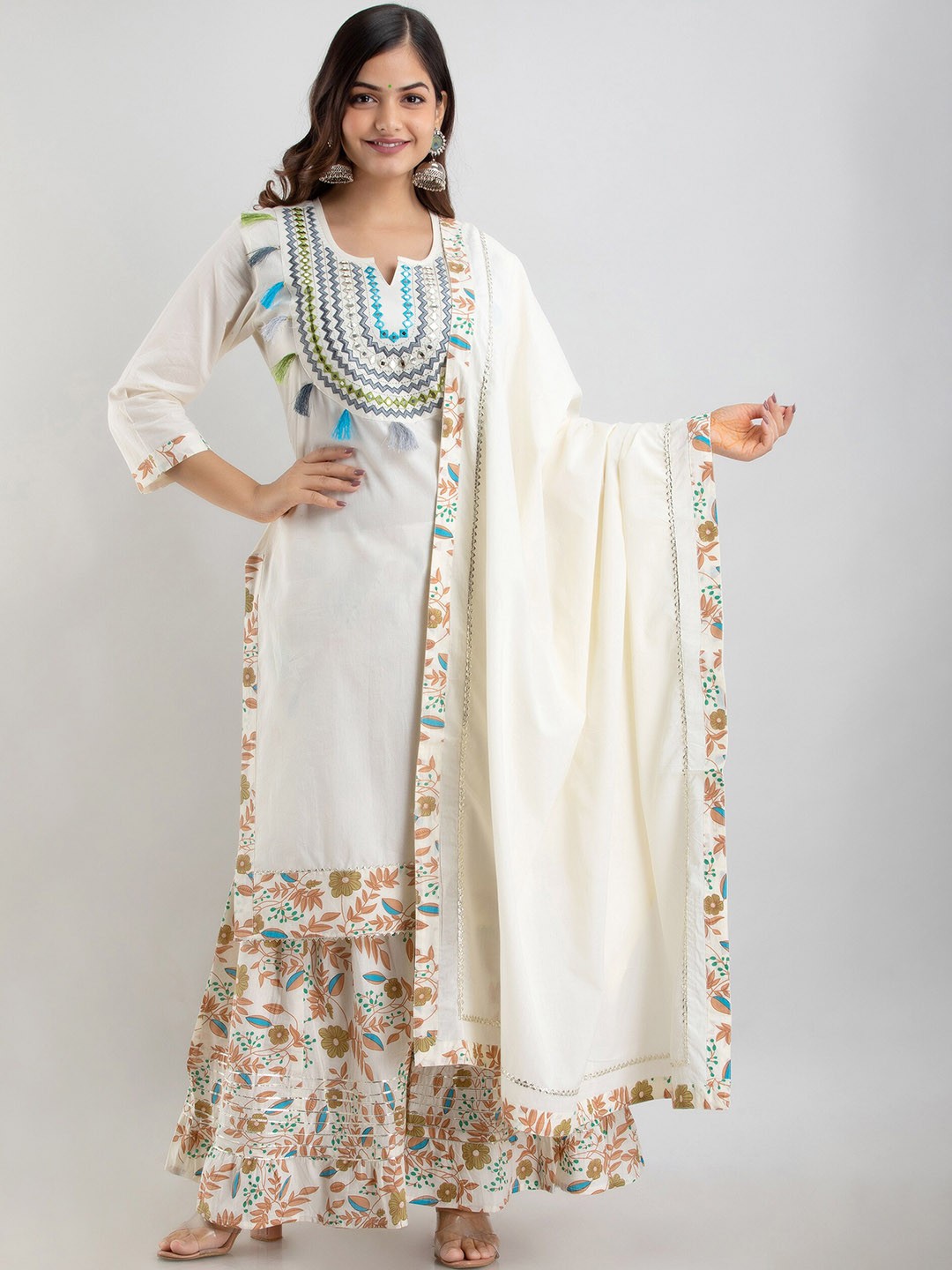 

OMASK Women Off White Floral Embroidered Mirror Work Pure Cotton Kurta with Sharara & With Dupatta