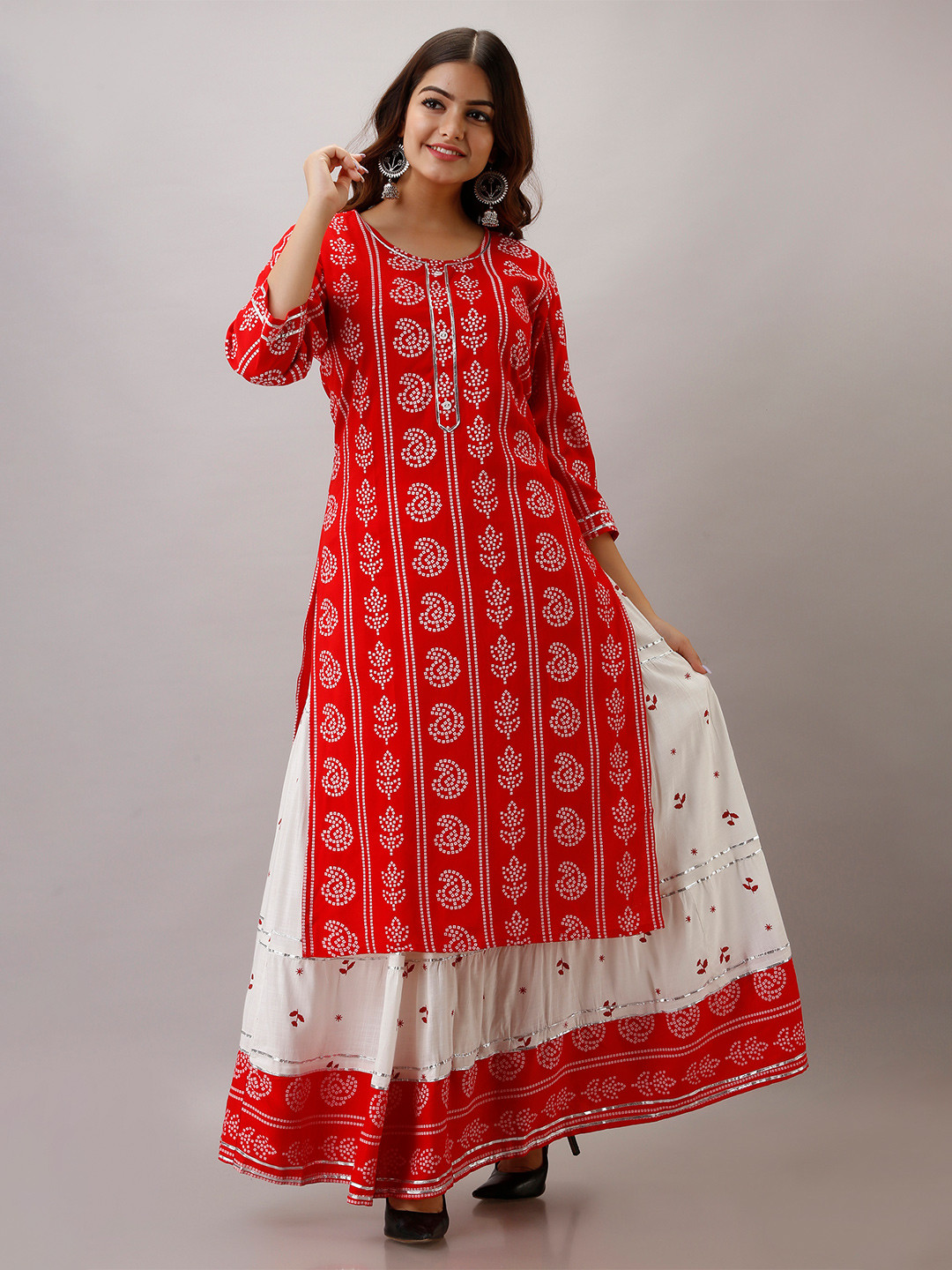 

OMASK Women Red Ethnic Motifs Printed Gotta Patti Kurta with Skirt & With Dupatta