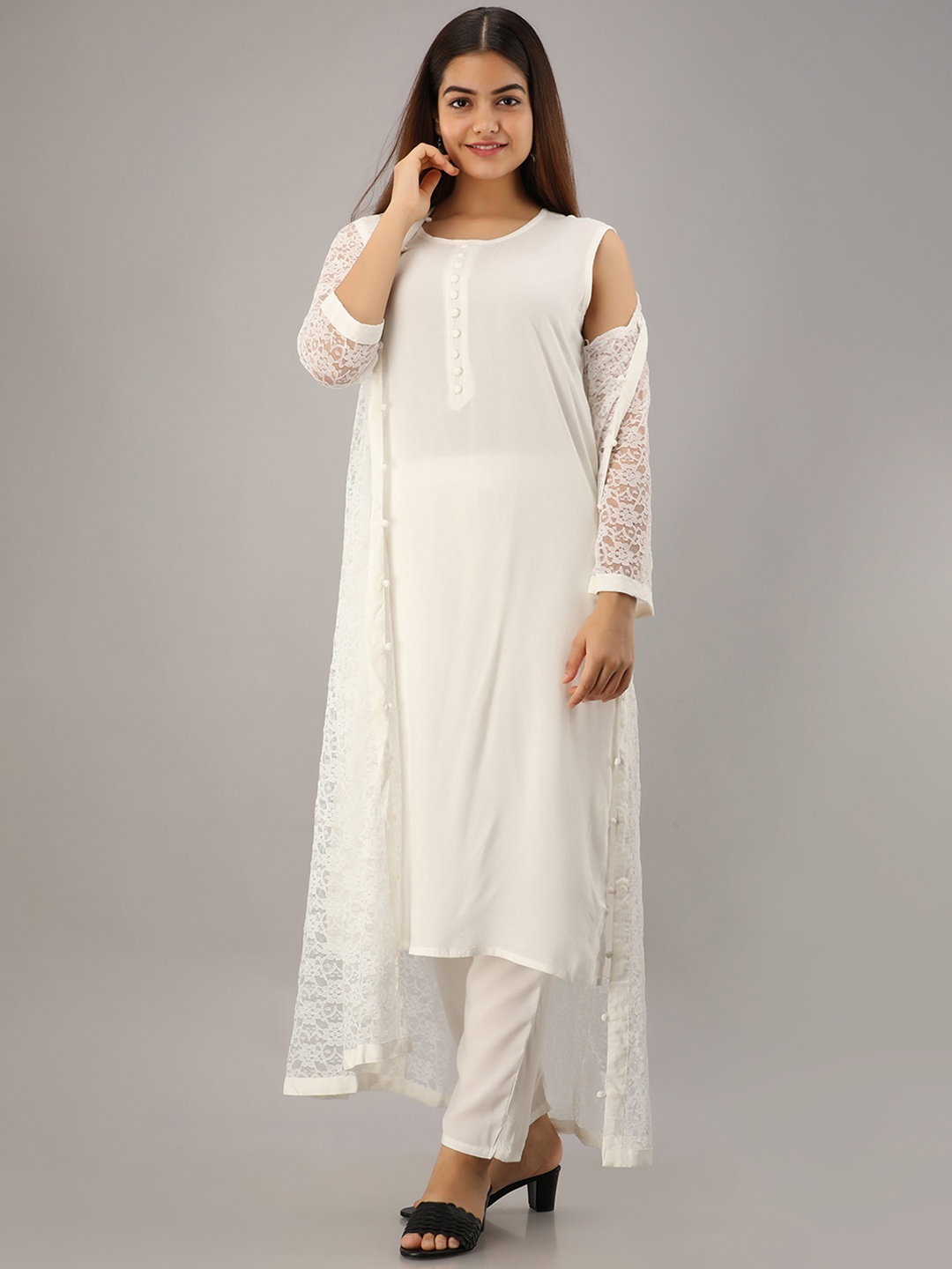 

OMASK Women White Kurta with Churidar & With Dupatta