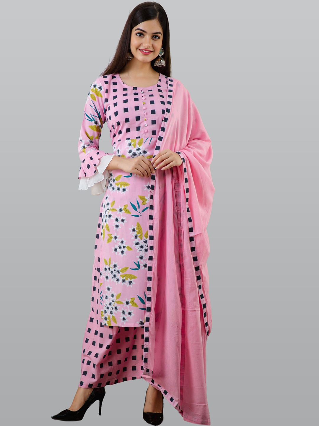 

OMASK Women Pink & Navy Blue Printed Pure Cotton Kurta with Palazzos & With Dupatta