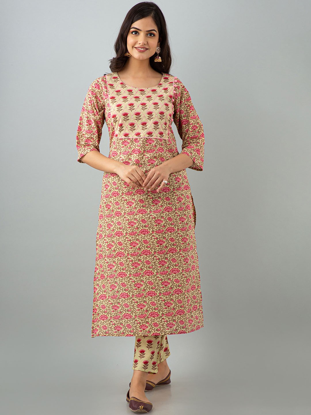

OMASK Women Camel Brown Ethnic Motifs Printed Pure Cotton Kurta with Palazzos
