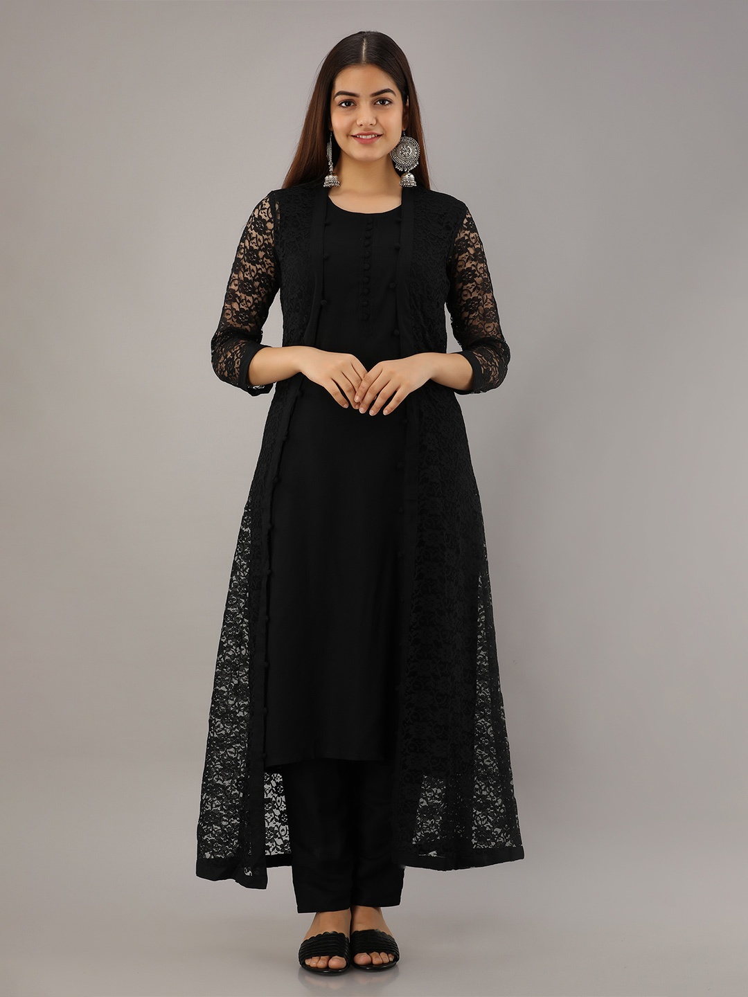 

OMASK Women Black Printed Kurta with Churidar & With Dupatta