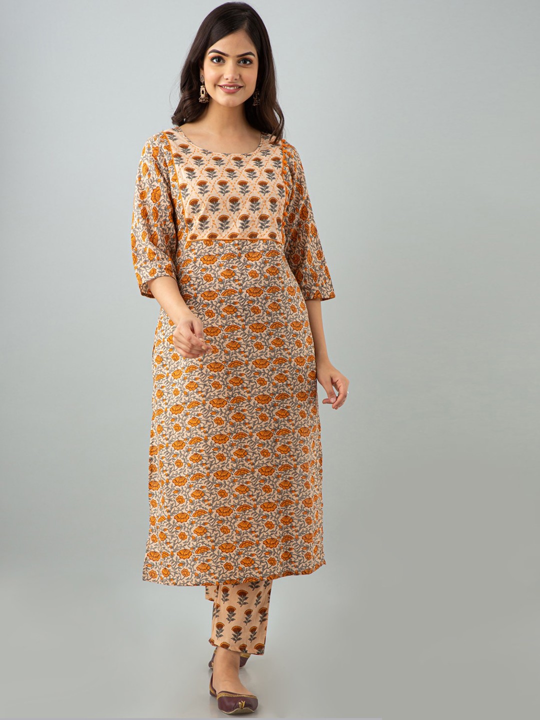 

OMASK Women Camel Brown Ethnic Motifs Printed Pure Cotton Kurti with Trousers