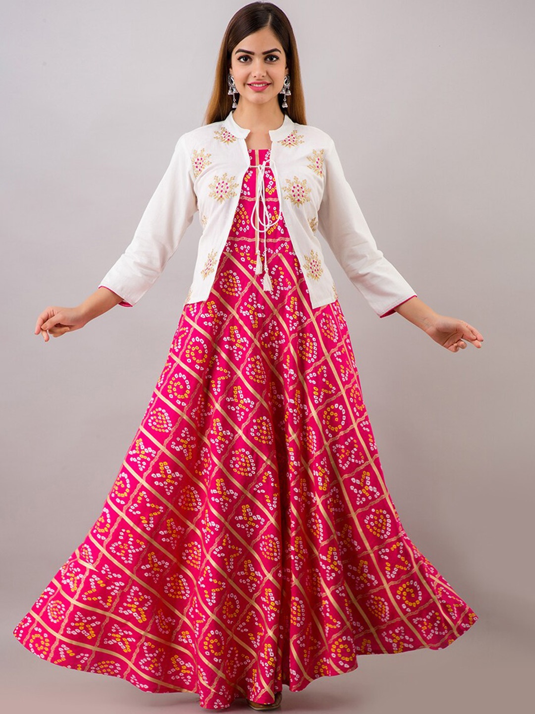 

OMASK Women Pink Leheriya Dyed Thread Work Floral Anarkali Kurta