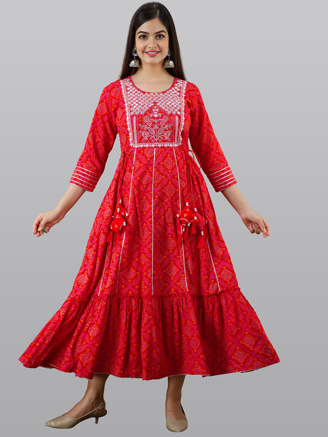 

OMASK Women Red Ethnic Motifs Printed Thread Work Floral Anarkali Kurta