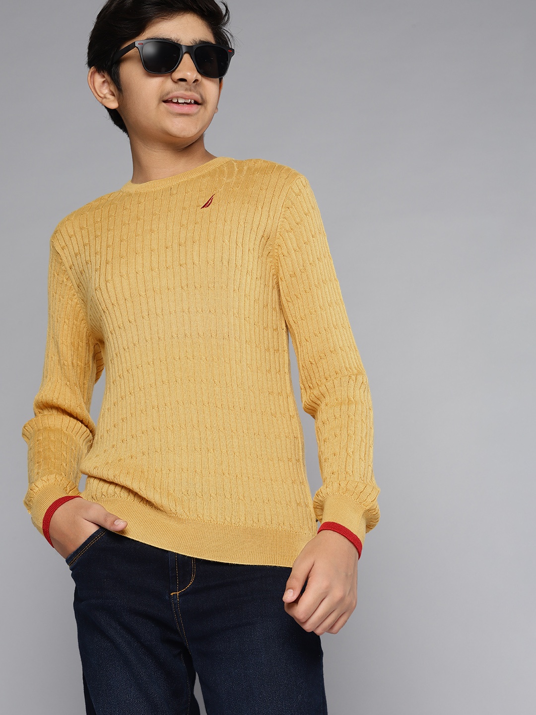 

Nautica Boys Mustard Yellow Self Design Cable Knit Round Neck Pullover