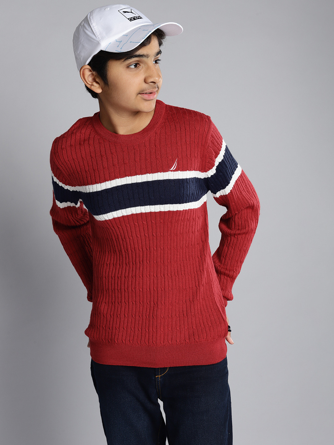 

Nautica Boys Red & Navy Blue Striped Round Neck Pullover