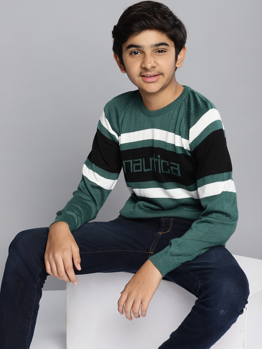 

Nautica Boys Green & Black Striped Round Neck Pullover