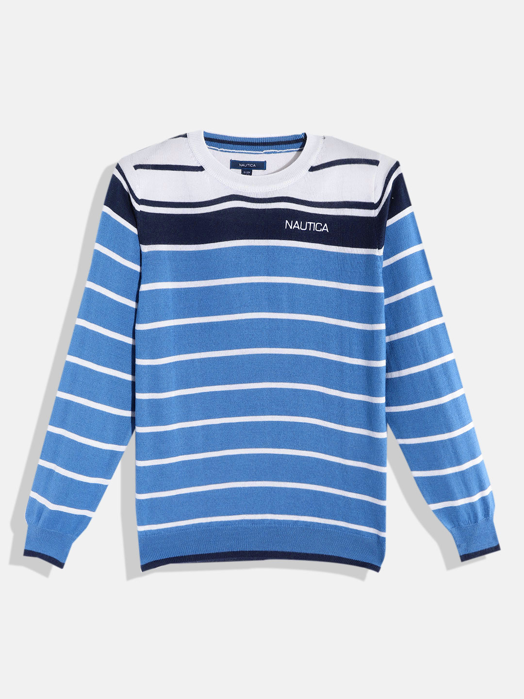 

Nautica Boys Blue & White Striped Round Neck Pullover