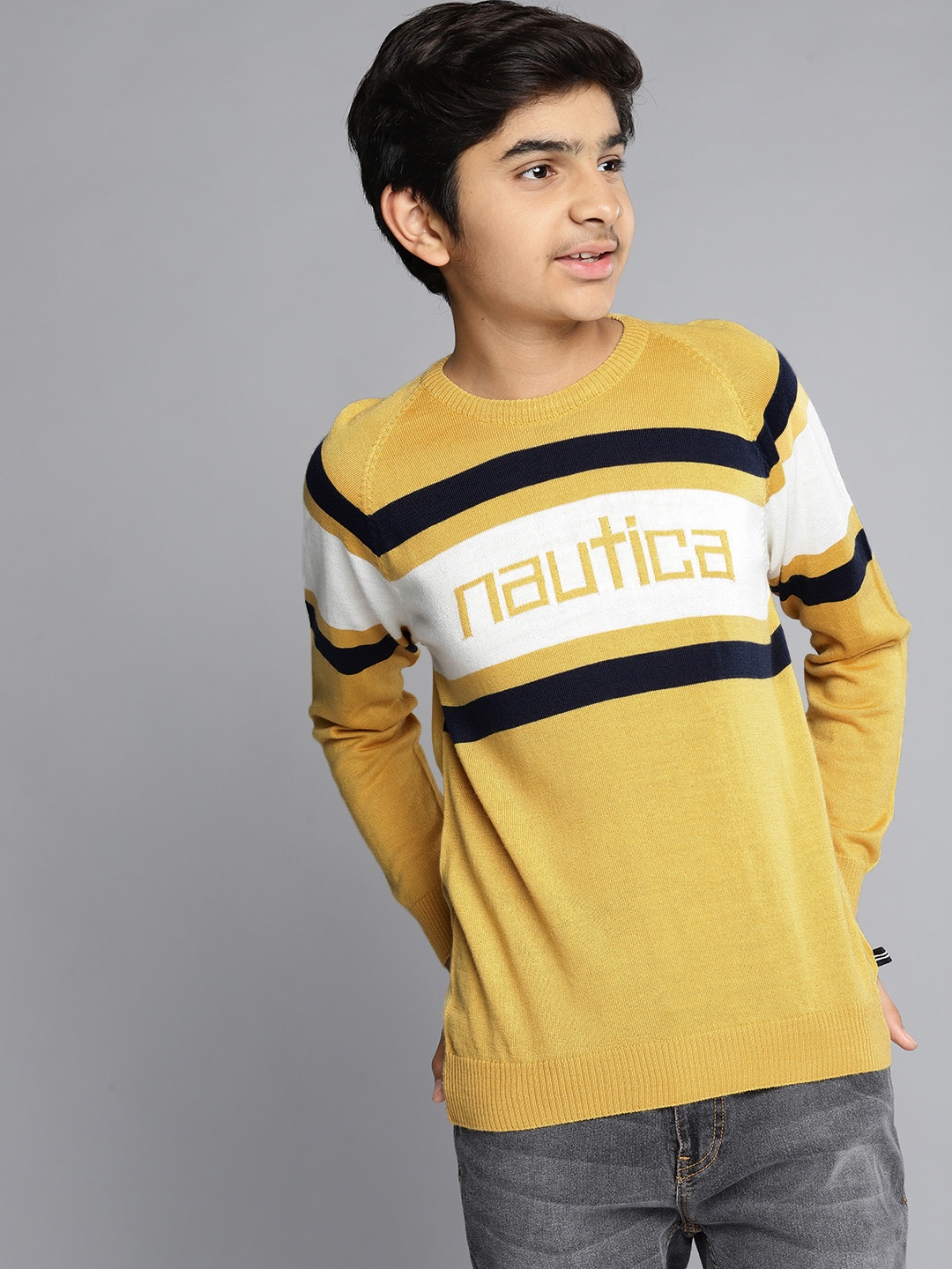 

Nautica Boys Yellow & White Striped Round Neck Acrylic Pullover