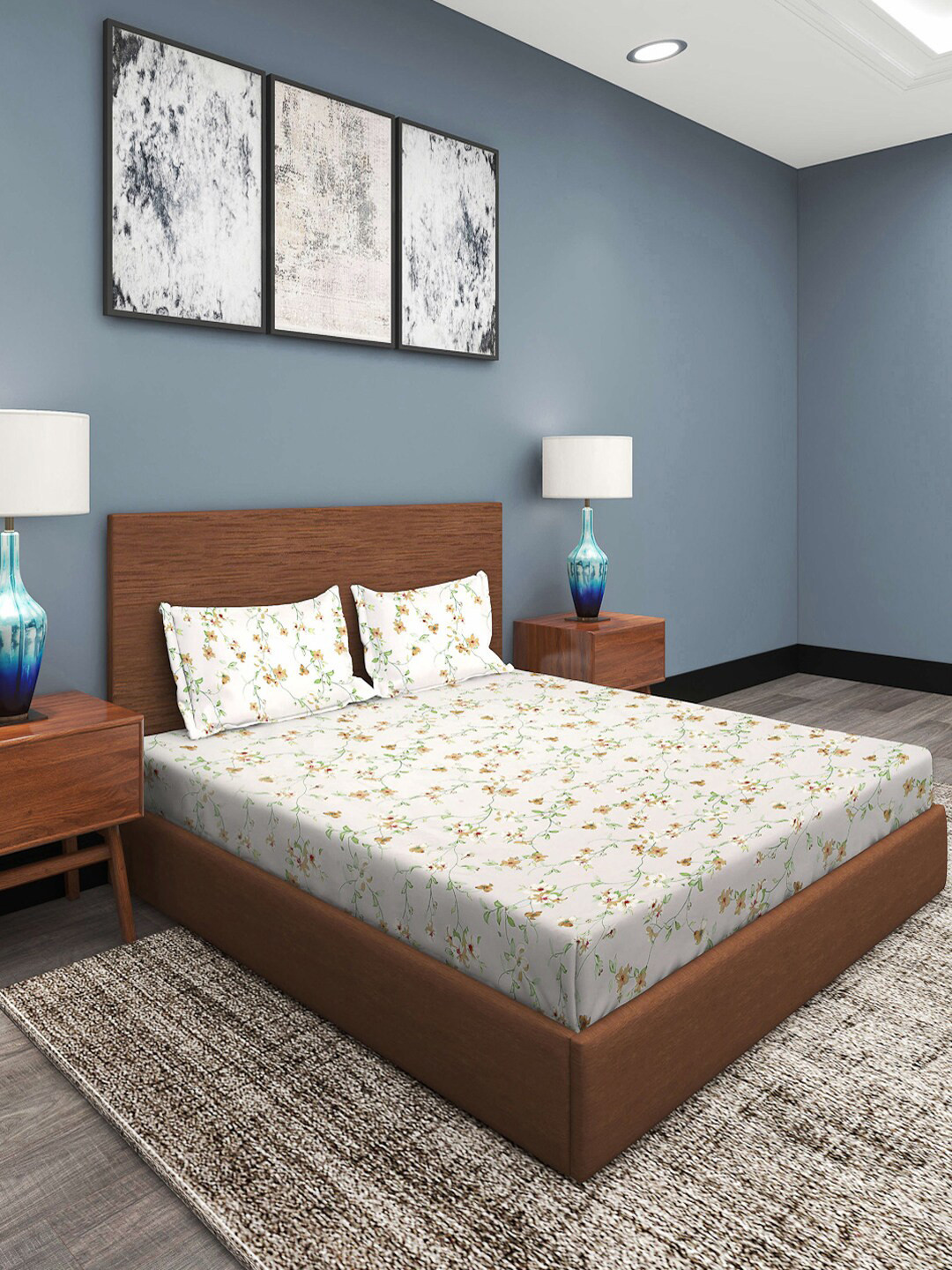 

KLOTTHE White Floral 300 TC Cotton King Bedsheet with 2 Pillow Covers
