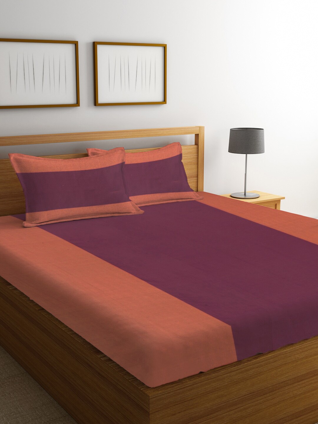 

KLOTTHE Purple & Orange Striped 300 TC King Bedsheet with 2 Pillow Covers