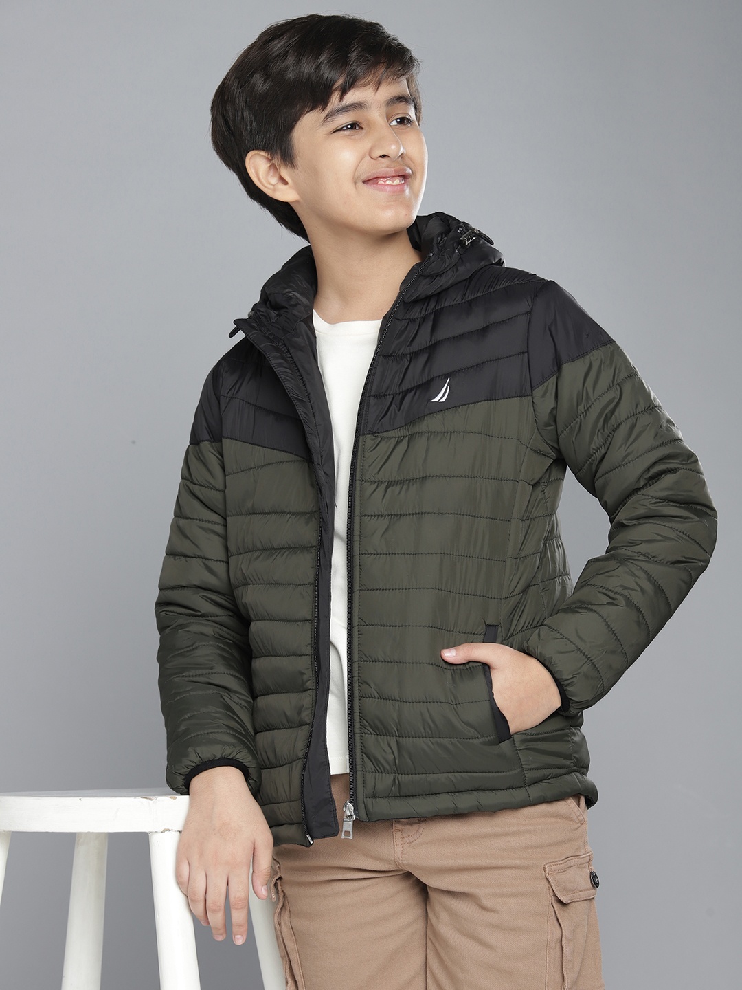 

Nautica Boys Olive Green & Black Colourblocked Hooded Padded Jacket