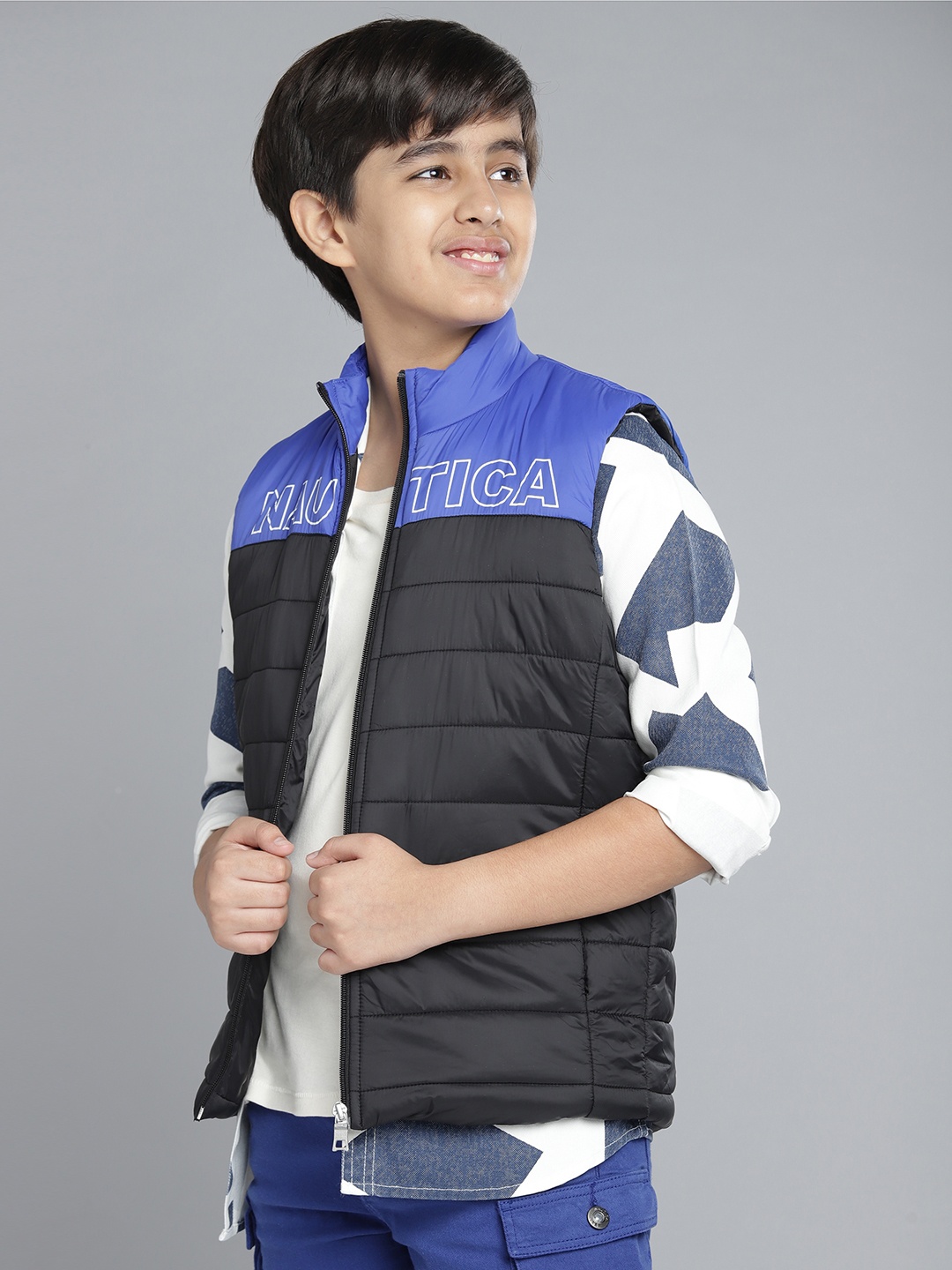 Nautica Boys Black & Blue Brand Logo Colourblocked Padded Jacket