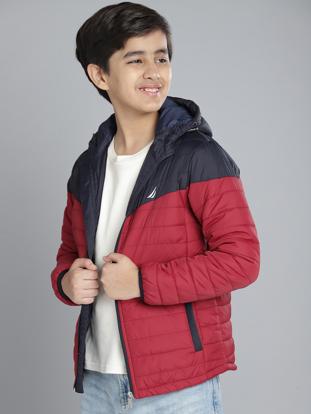 

Nautica Boys Red & Navy Blue Colourblocked Padded Jacket