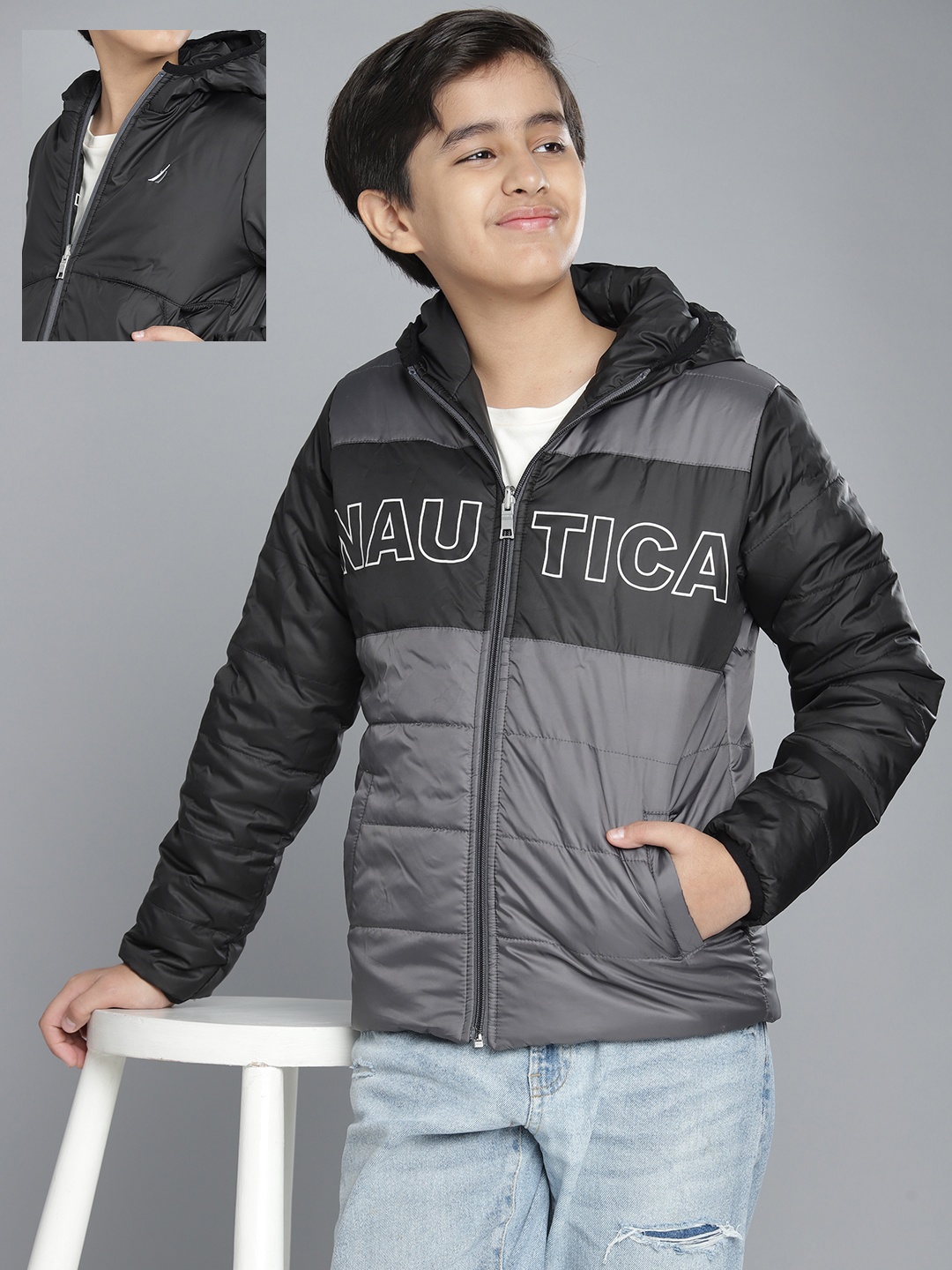 

Nautica Boys Grey & Black Colourblocked Reversible Padded Jacket