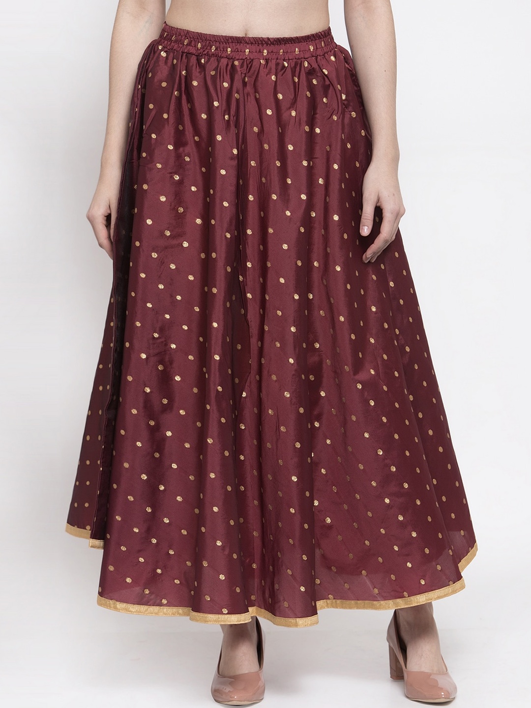 

Miaz Lifestyle Women Maroon & Gold-Toned Self-Design Flared Maxi Skirt