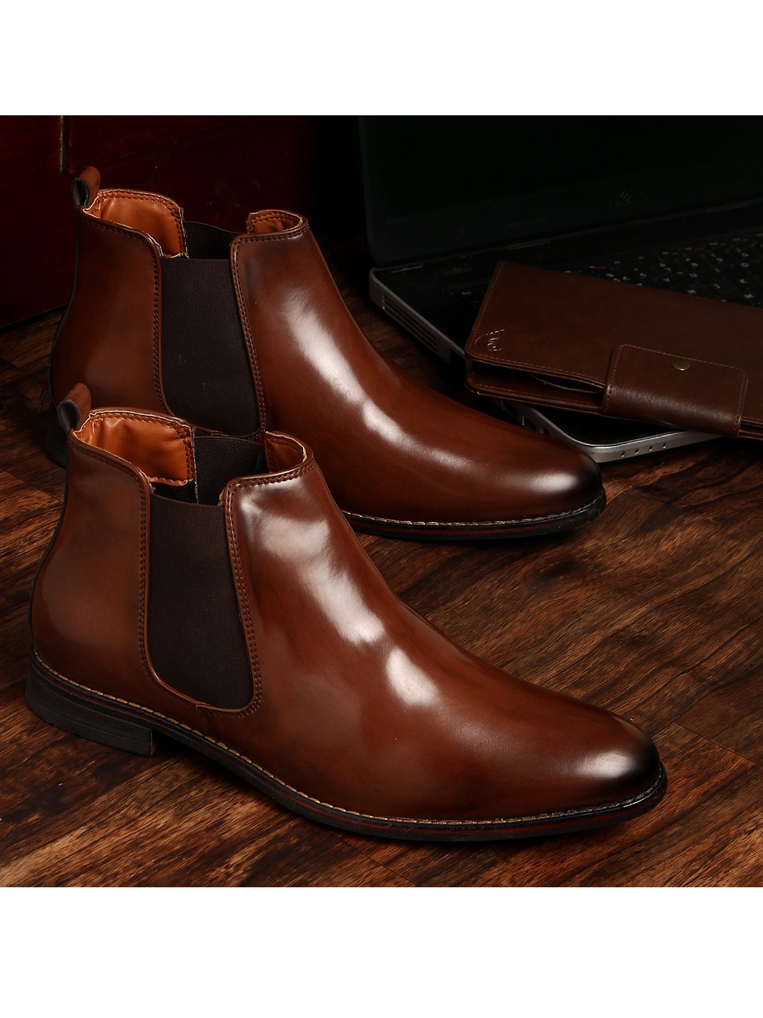 

MUTAQINOTI Men Brown Solid Mid Top Chelsea Boots